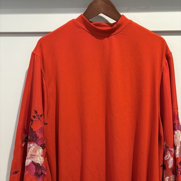 Free People Tunic Women S Red Festival Embroidered Bloom Boho Asian Artsy Flare - Picture 6 of 16